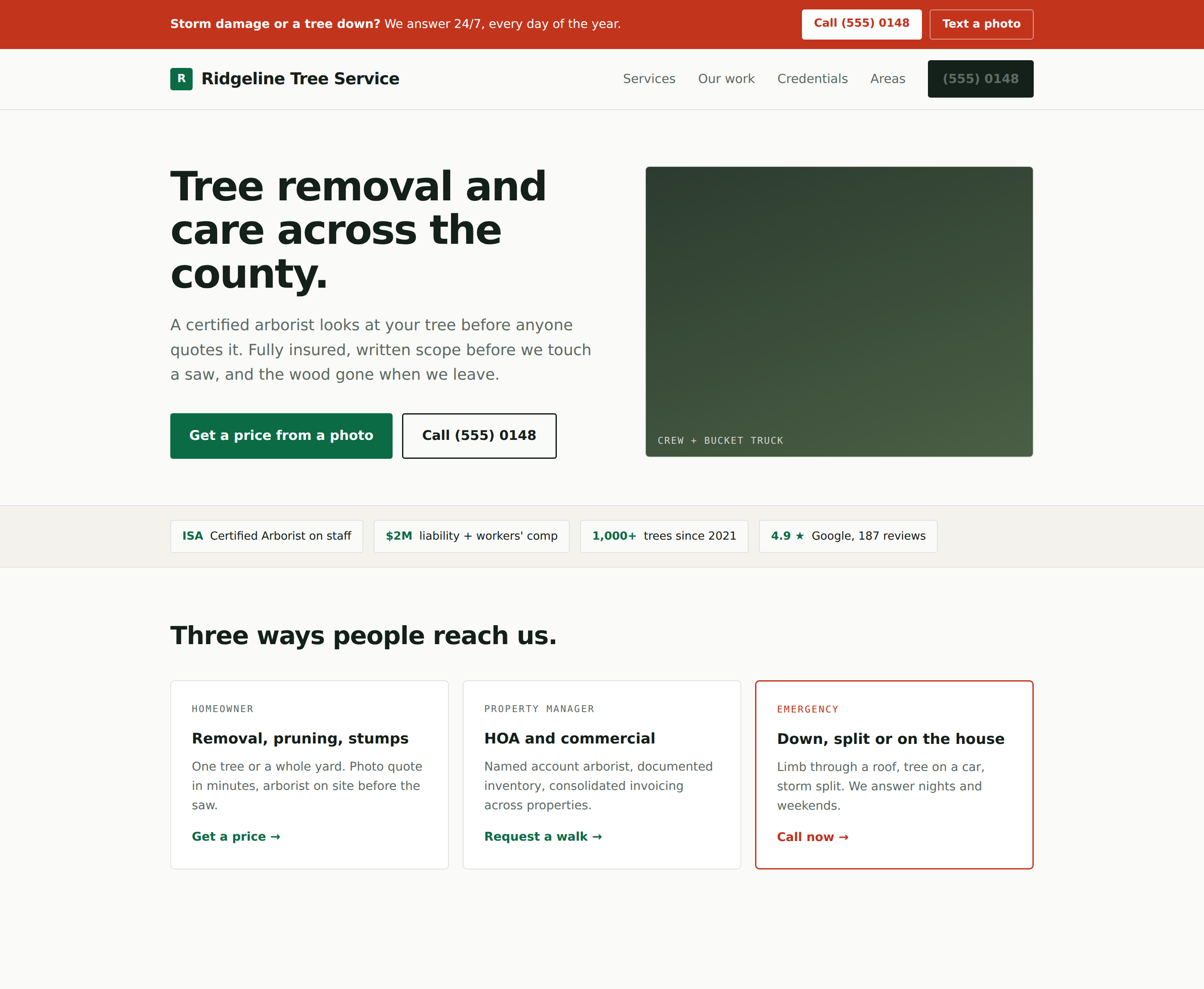 A tree company website with a red emergency band across the top, a photo-quote call to action, a trust strip of verifiable credentials, three doors for homeowner, property manager and emergency, and a before and after with the job detail written out.